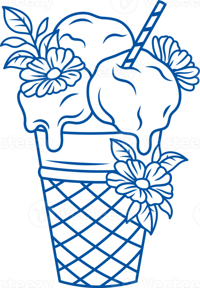 Delicious ice cream in waffle cup with flowers and straw for easy consumption on go png