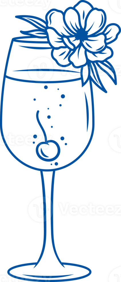 Glass of alcoholic cocktail based on white wine with addition of cherries, decorated with flower png
