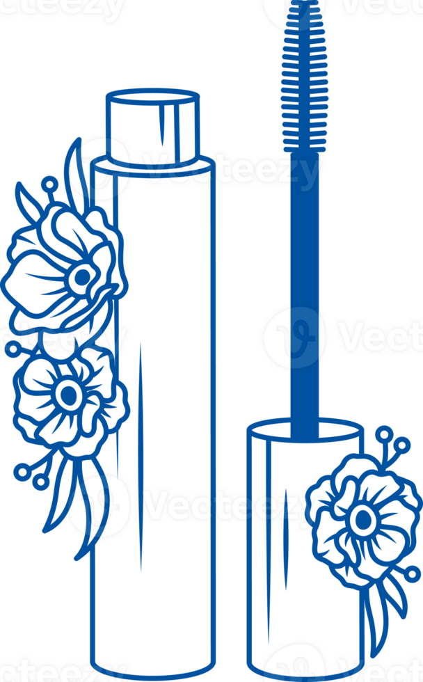Mascara with bottle decorated with flowers and miniature brush for applying makeup png
