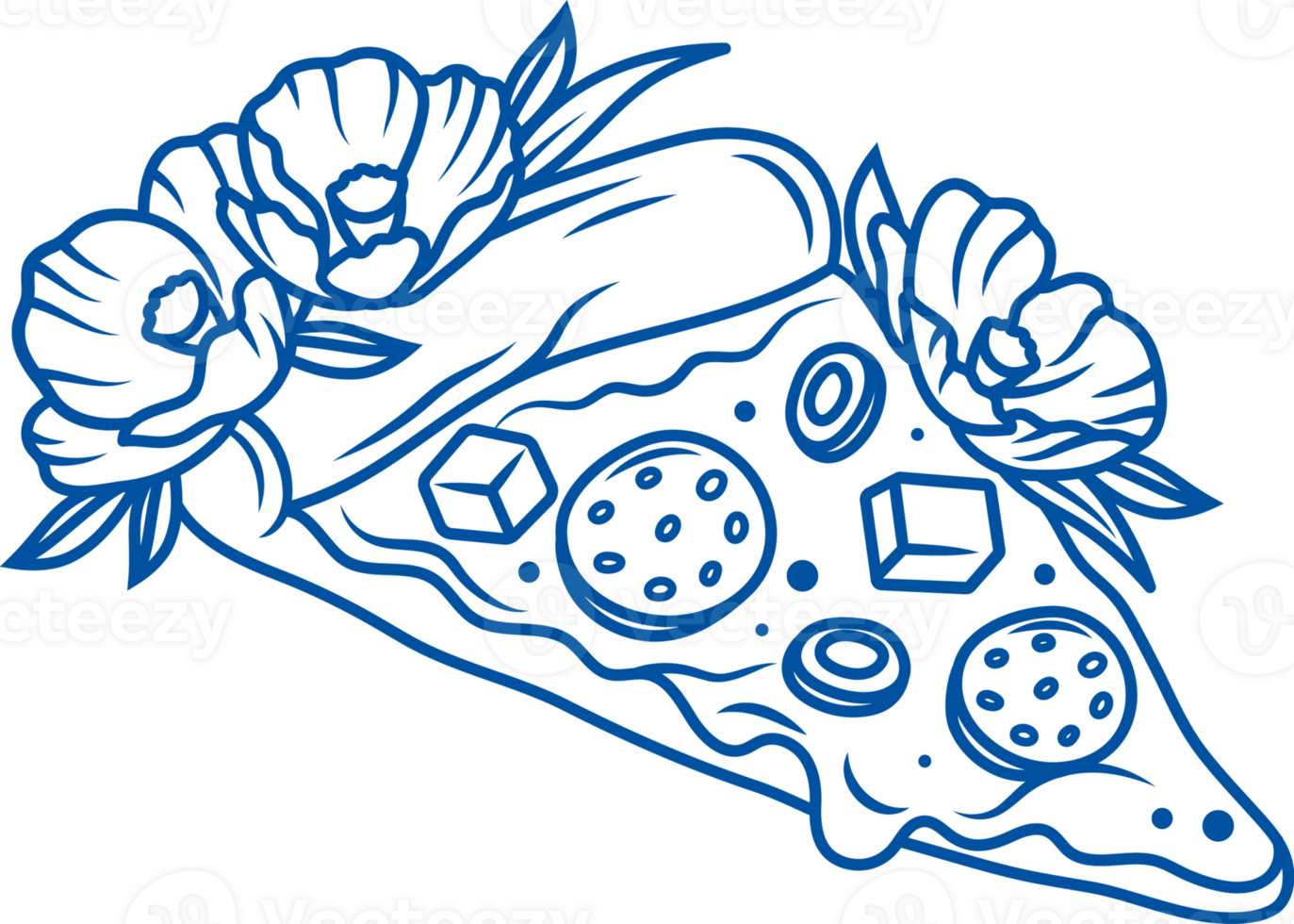 Slice of pepperoni pizza decorated with flowers, with addition of mozzarella cheese png