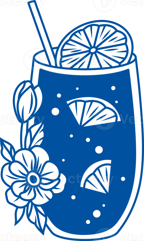 Glass of lemonade is decorated with small flowers from summer garden, with addition of lemon png