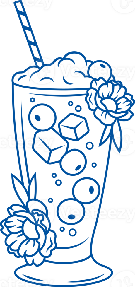 Cold milkshake in transparent glass with addition blueberries and ice cubes, decorated with flowers png