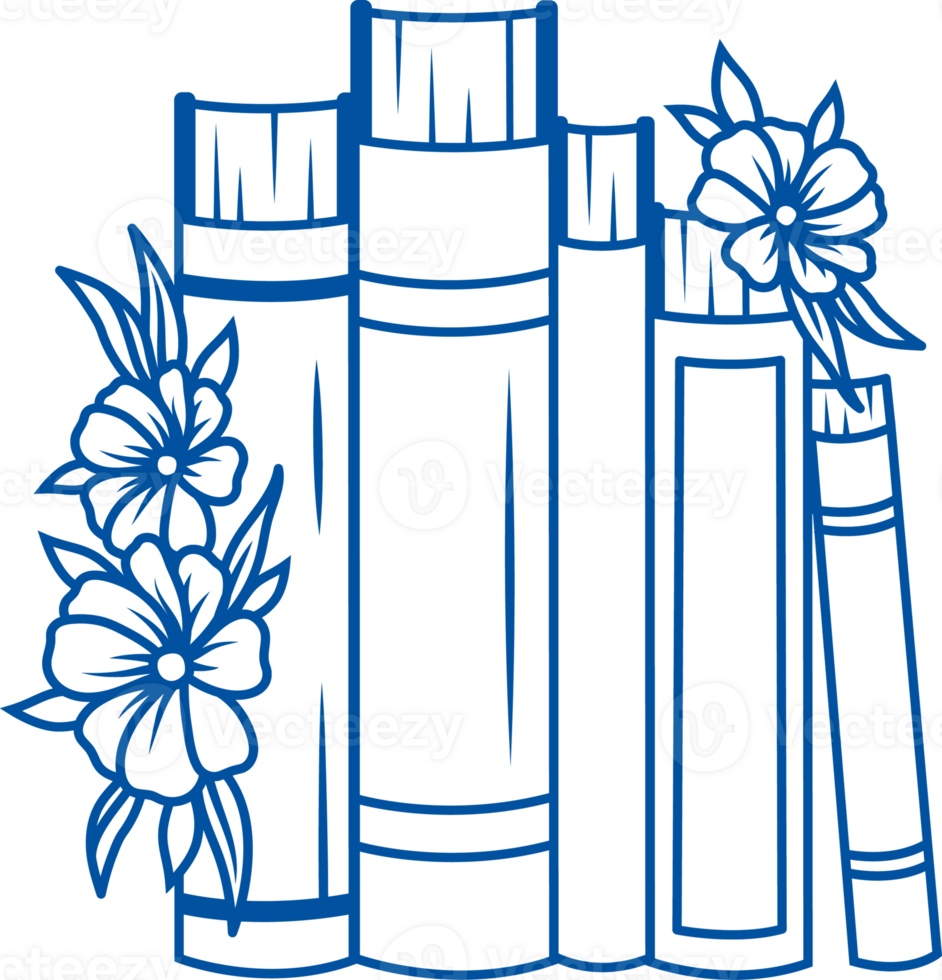 Several books decorated with flowers stand side by side in vertical position on bookshelf png