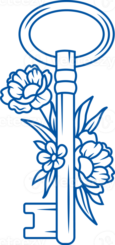 Small classic key for protecting secret information from ill-wishers, with flowers png