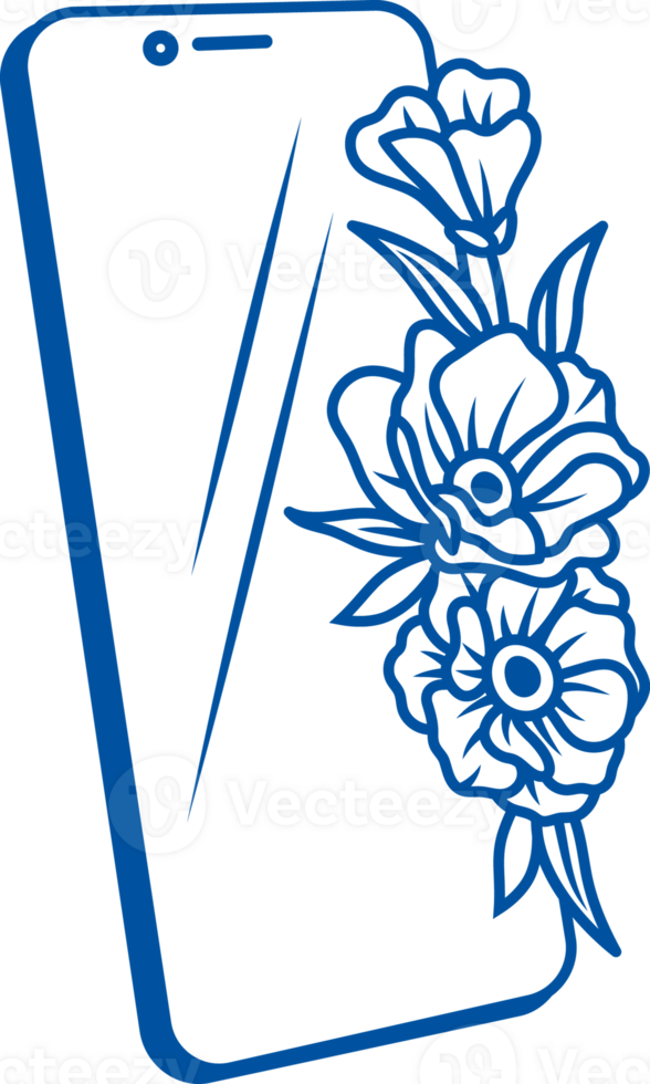 Modern smartphone for making calls and using mobile applications, decorated with flowers png