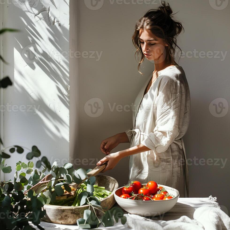 A woman in casual linen outfit standing cooking with vegetables and tomatoes on the table photo