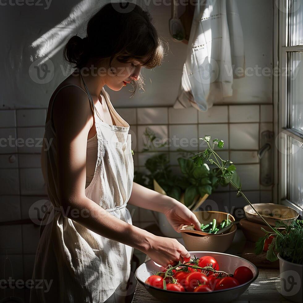 A woman in casual linen outfit standing cooking with vegetables and tomatoes on the table photo