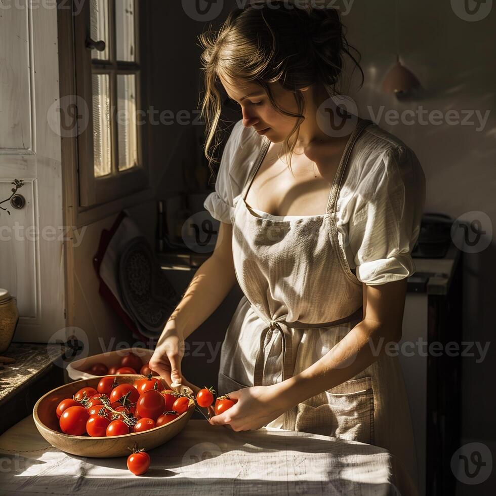 A woman in casual linen outfit standing cooking with vegetables and tomatoes on the table photo
