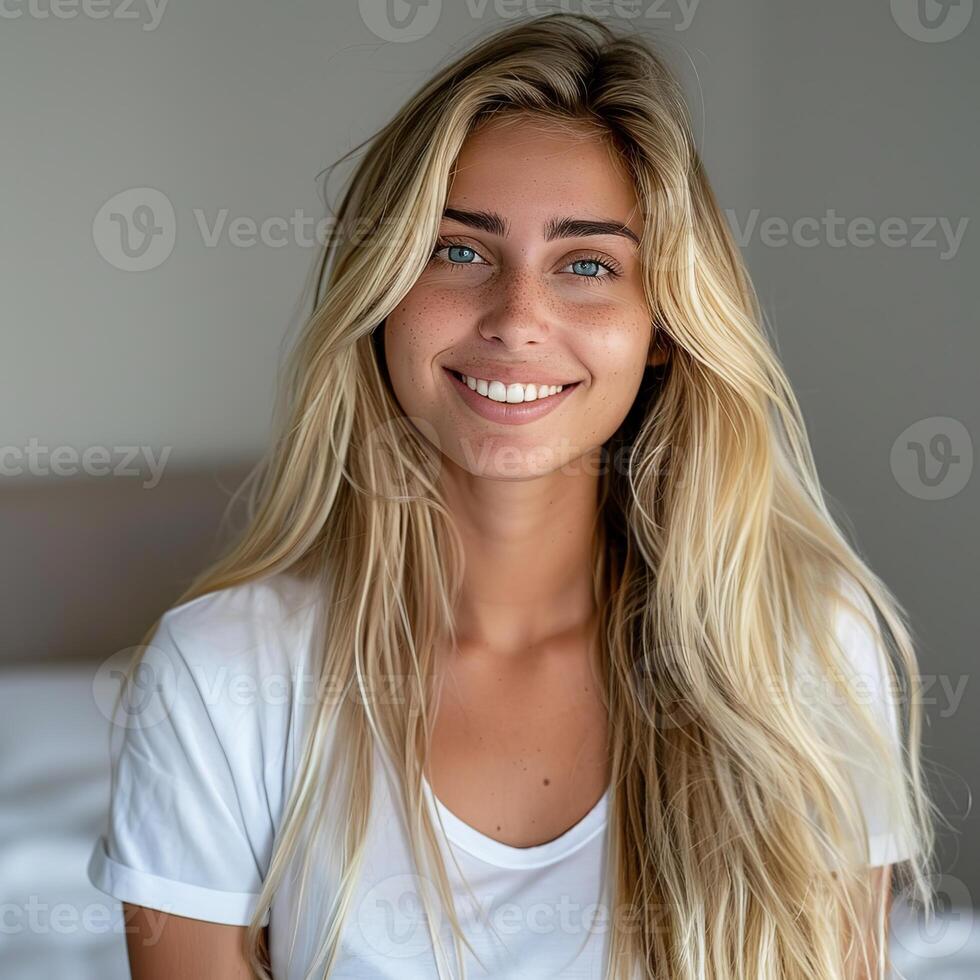 A beautiful blonde woman with long hair in a white tshirt looking at the camera and smiling photo