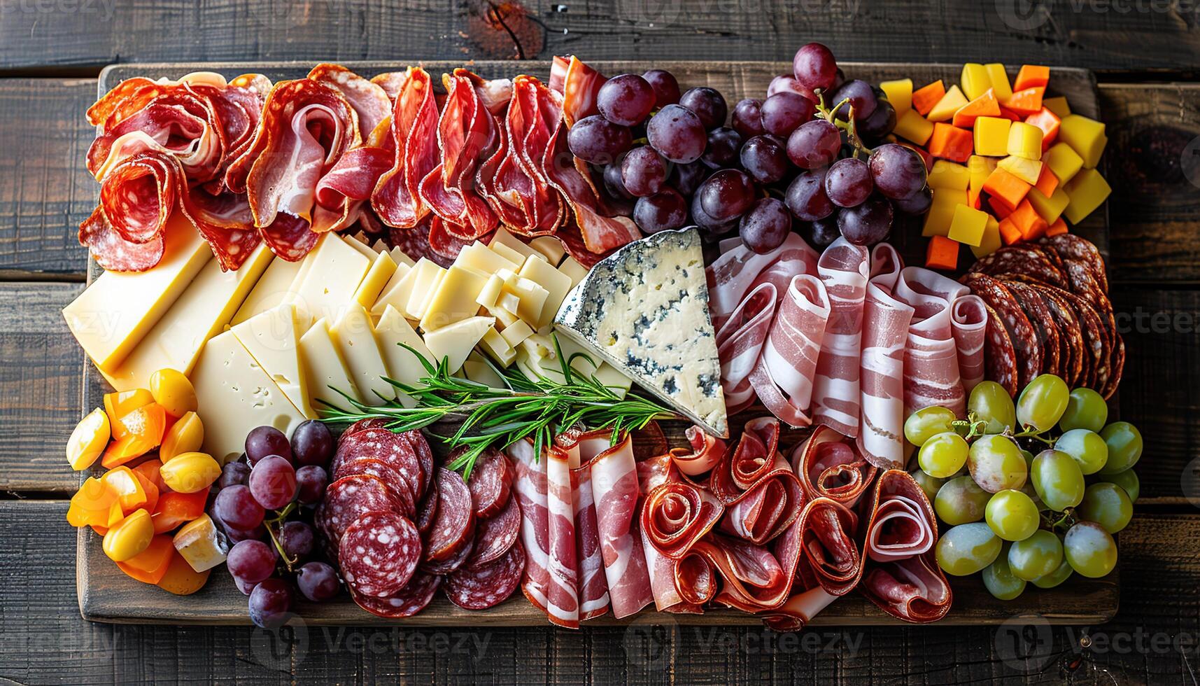 Antipasto catering platter with bacon jerky salami cheese and grapes on a wooden background photo