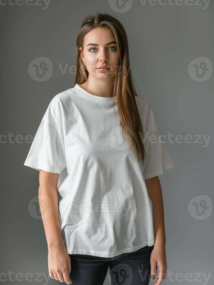 A beautiful woman wearing a plain white oversized tshirt and black jeans a grey background photo
