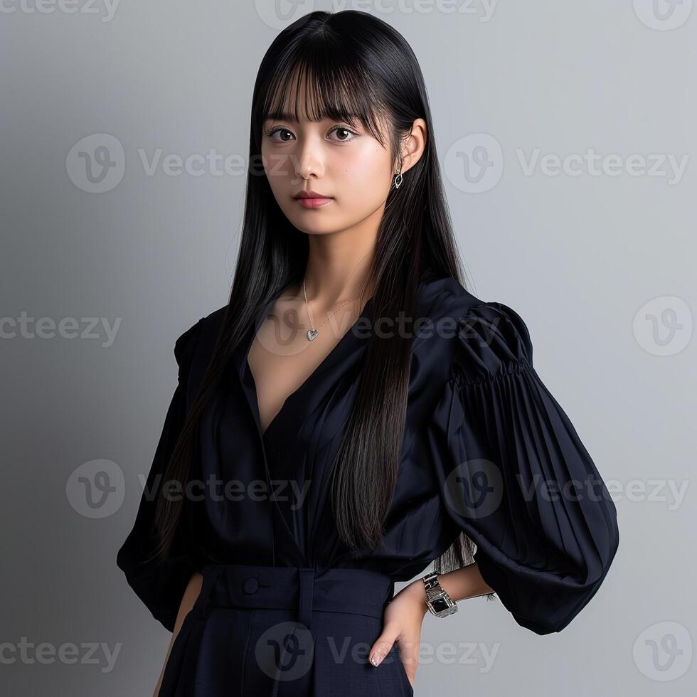 A young Asian woman model with long straight black hair perfect skin photo