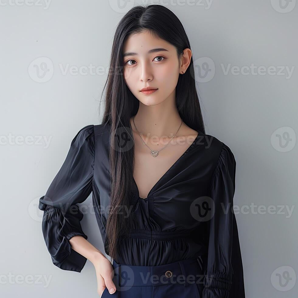 A young Asian woman model with long straight black hair perfect skin photo