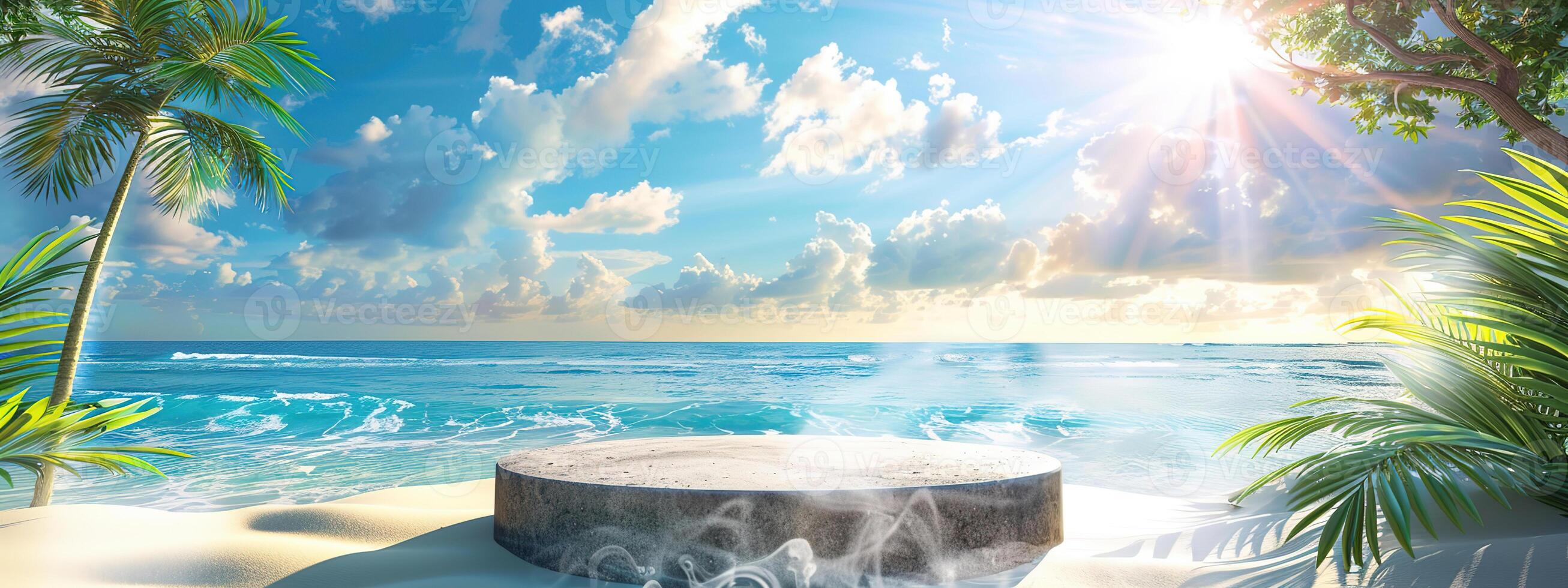 A round podium on the beach, surrounded by sand and sea in light beige tones photo