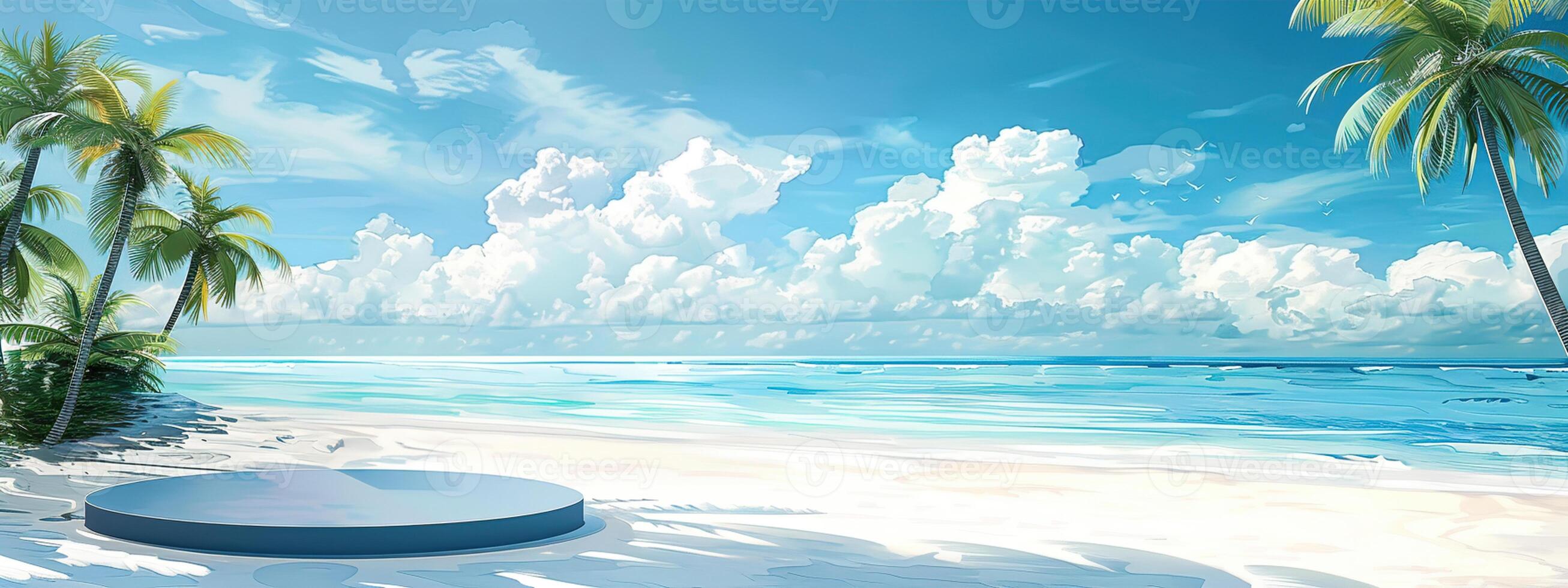 A round podium on the beach, surrounded by sand and sea in light beige tones photo