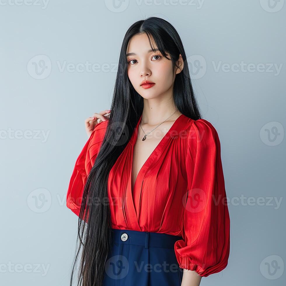 A young Asian woman model with long straight black hair perfect skin photo
