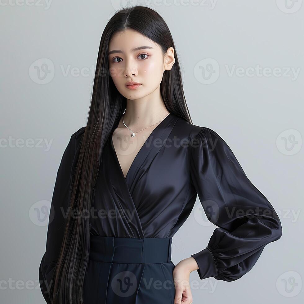 A young Asian woman model with long straight black hair perfect skin photo