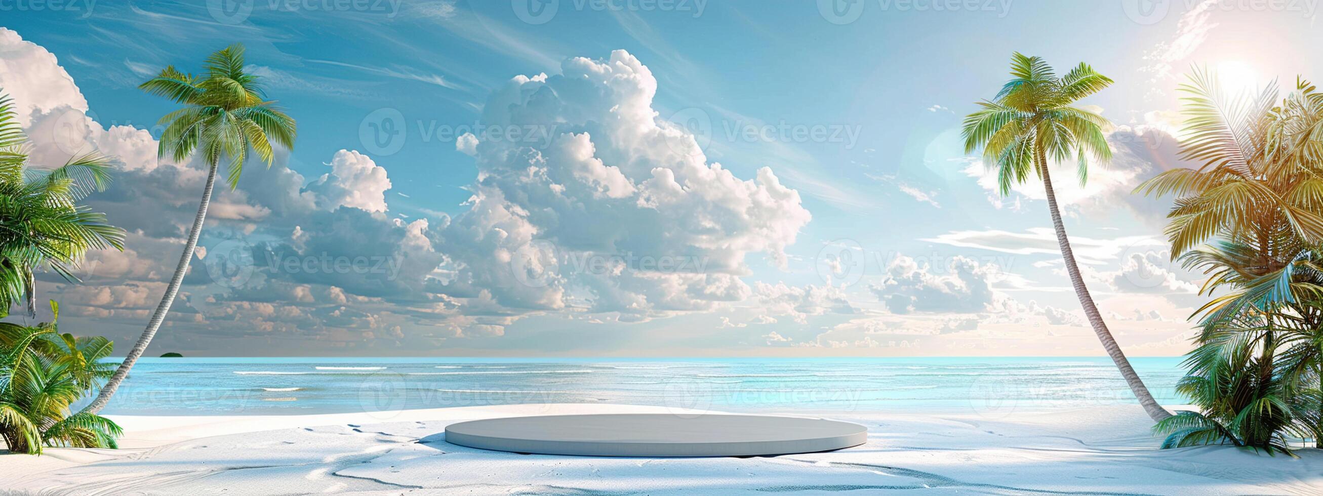 A round podium on the beach, surrounded by sand and sea in light beige tones photo