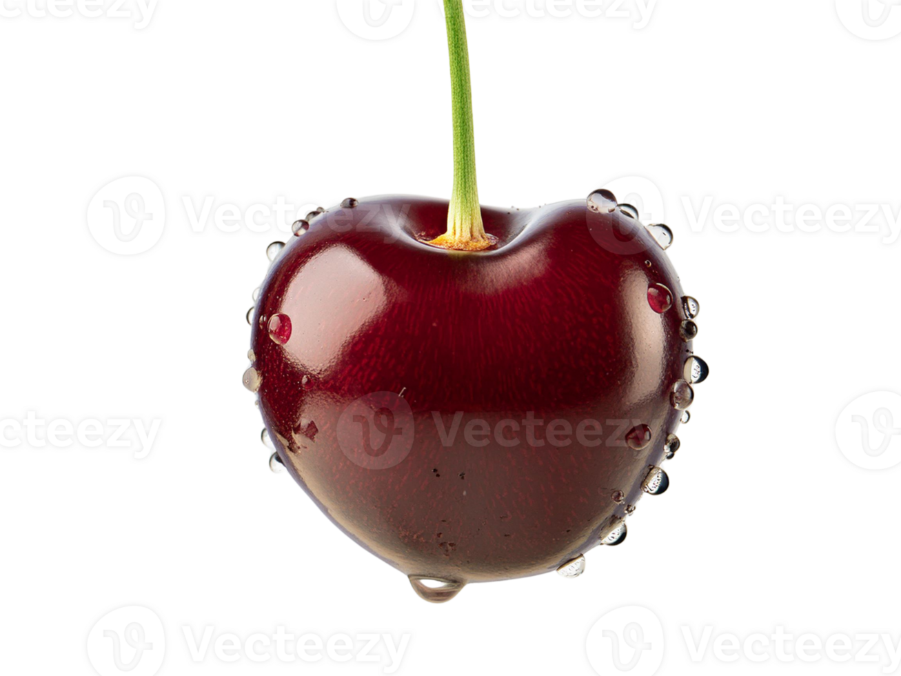 a cherry is hanging from a stem with water droplets png