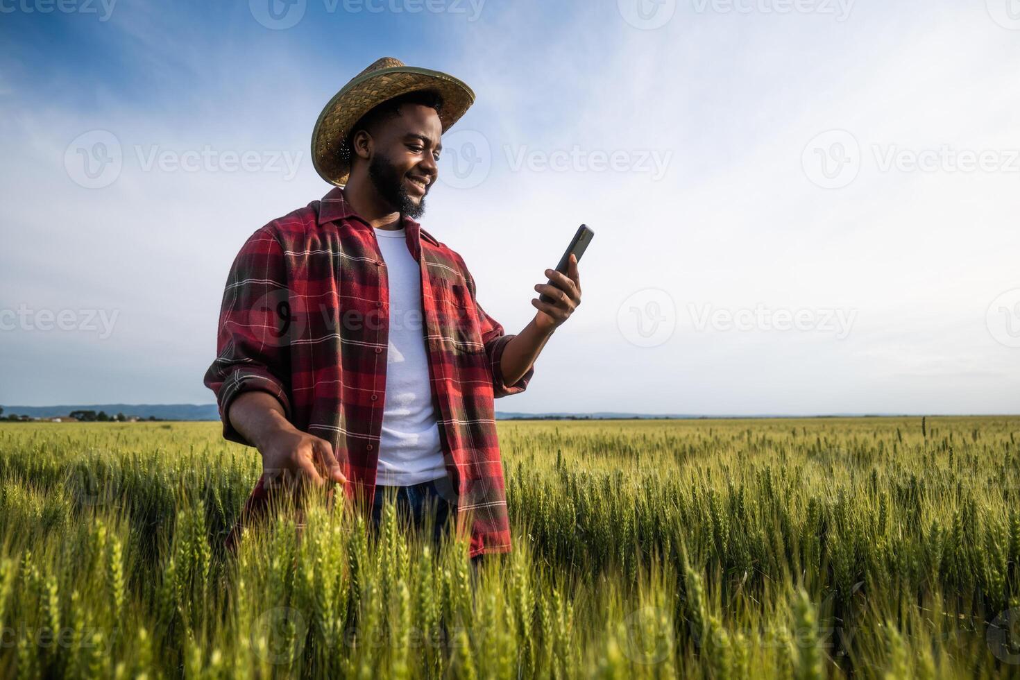 Young farmer using mobile phone while standing in his growing wheat field. photo