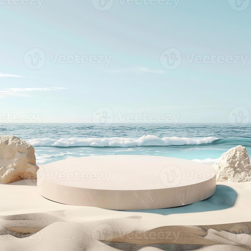 A round podium on the beach, surrounded by sand and sea in light beige tones photo