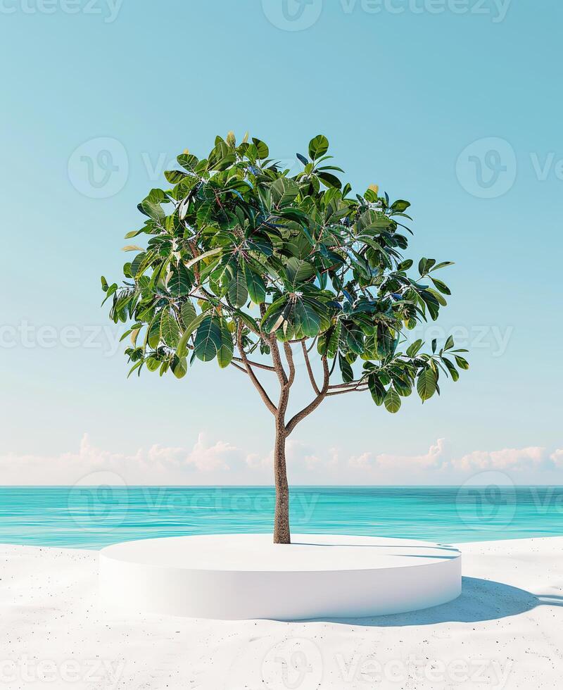 A round podium on the beach, surrounded by sand and sea in light beige tones photo