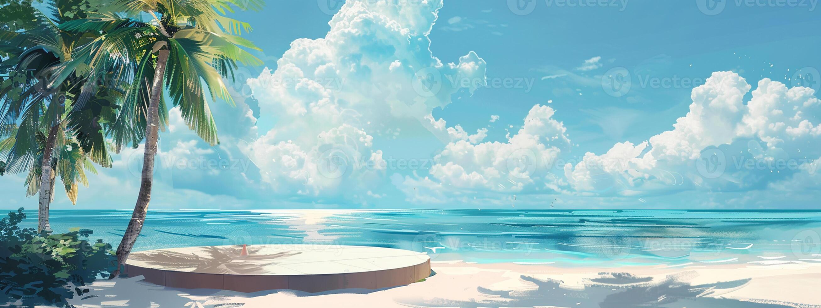 A round podium on the beach, surrounded by sand and sea in light beige tones photo