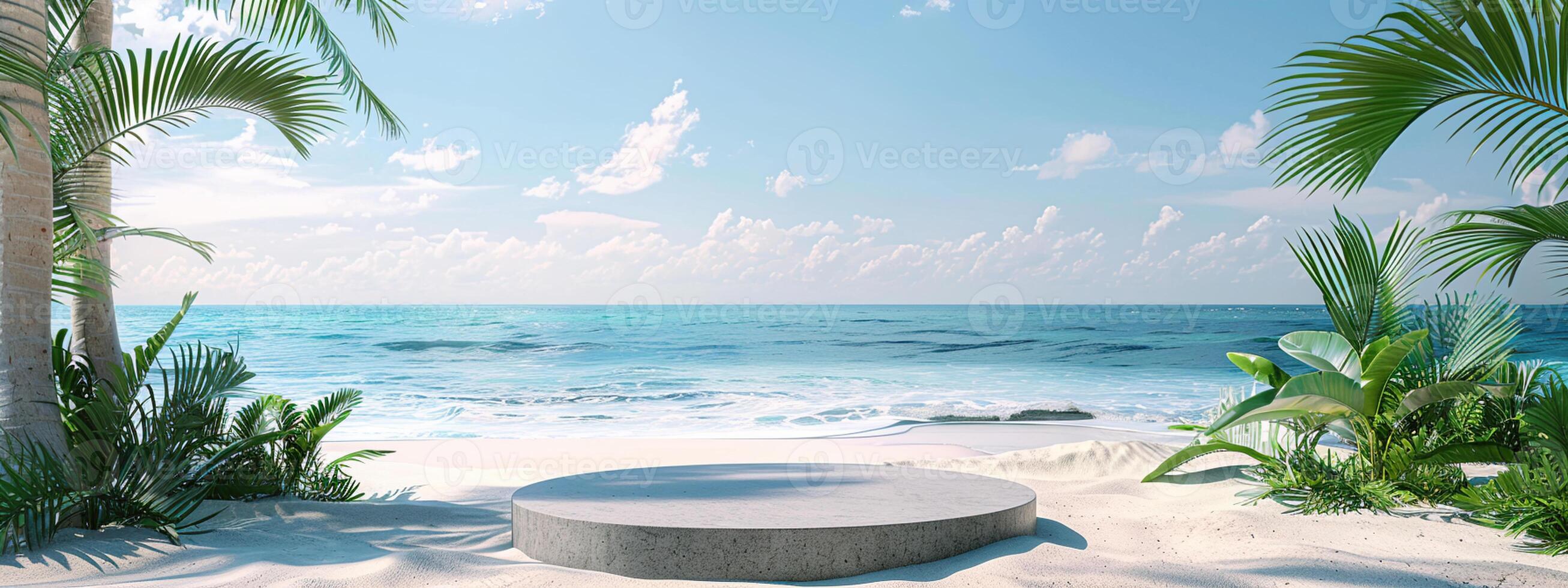A round podium on the beach, surrounded by sand and sea in light beige tones photo