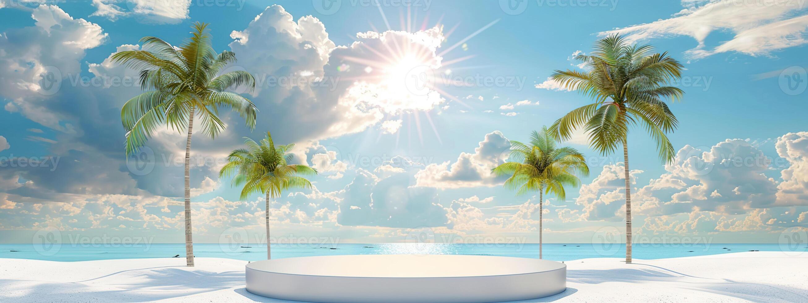 A round podium on the beach, surrounded by sand and sea in light beige tones photo