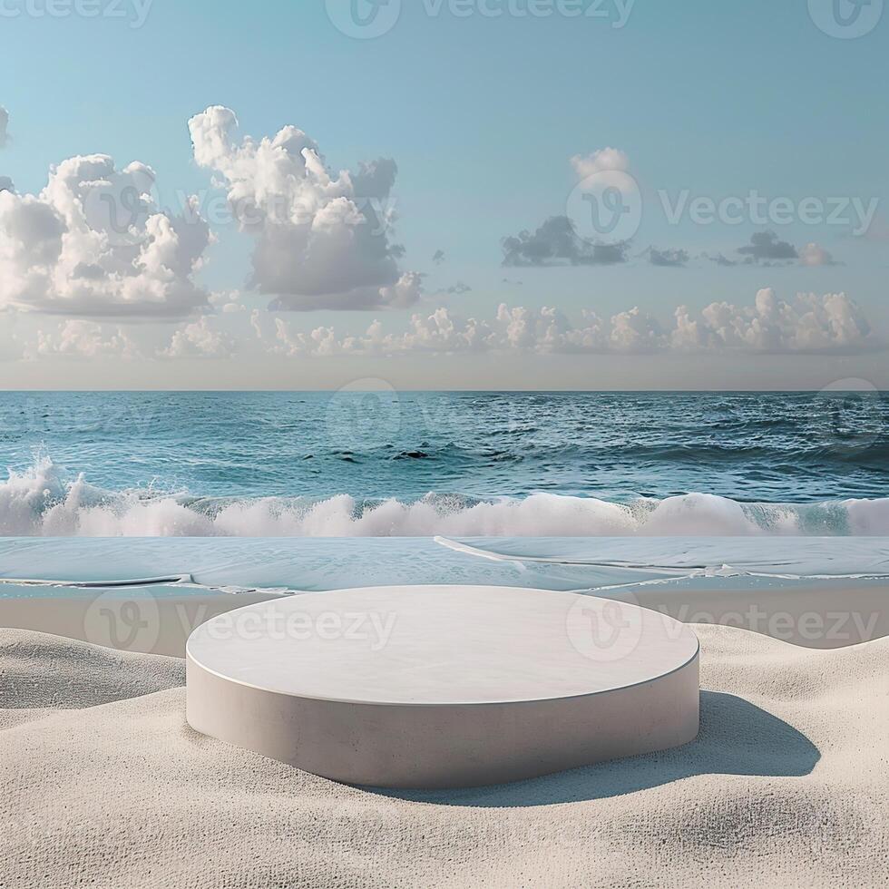 A round podium on the beach, surrounded by sand and sea in light beige tones photo