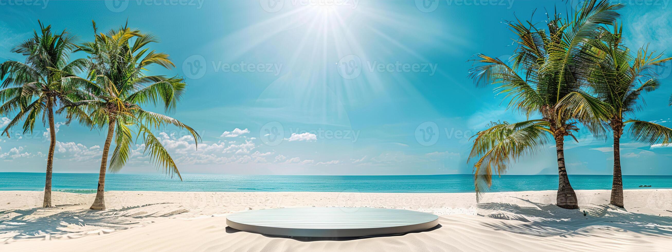 A round podium on the beach, surrounded by sand and sea in light beige tones photo