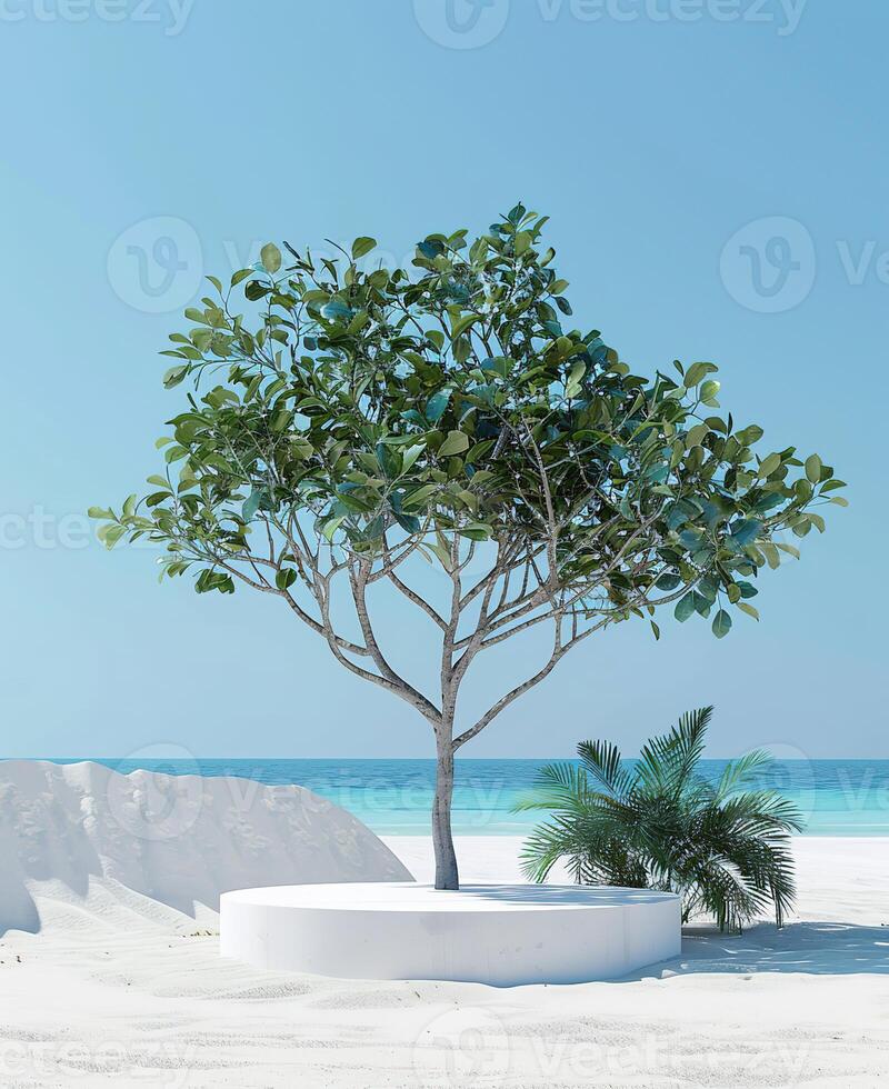 A round podium on the beach, surrounded by sand and sea in light beige tones photo