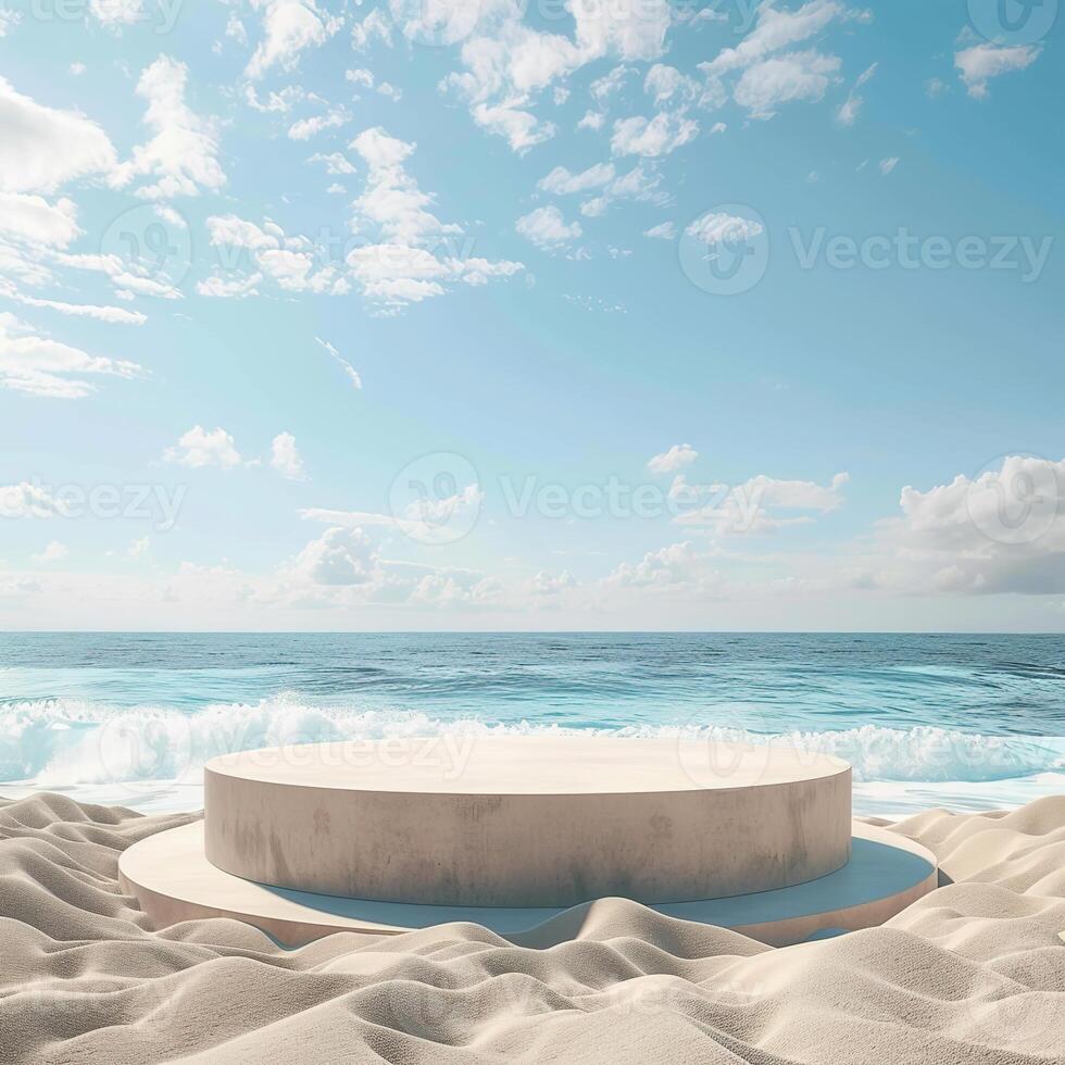 A round podium on the beach, surrounded by sand and sea in light beige tones photo