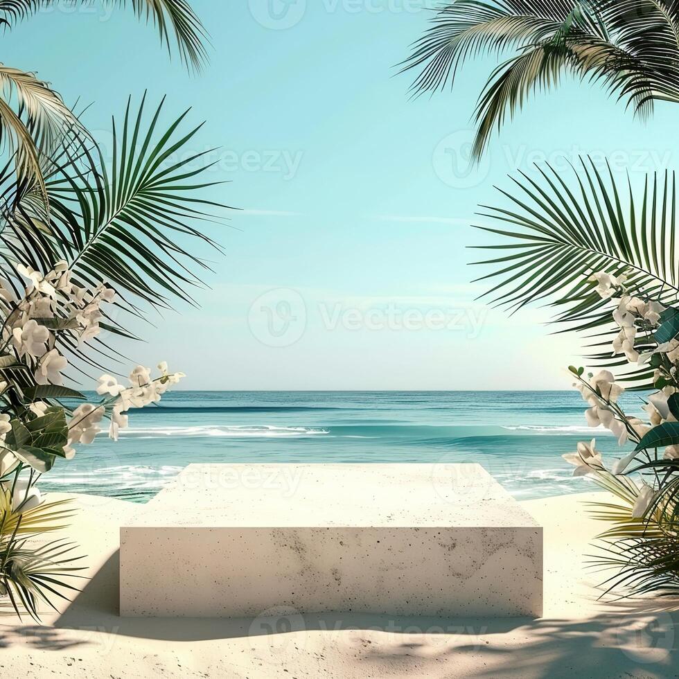 A round podium on the beach, surrounded by sand and sea in light beige tones photo