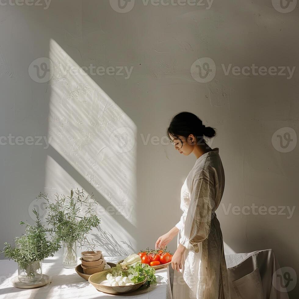 A woman in casual linen outfit standing cooking with vegetables and tomatoes on the table photo