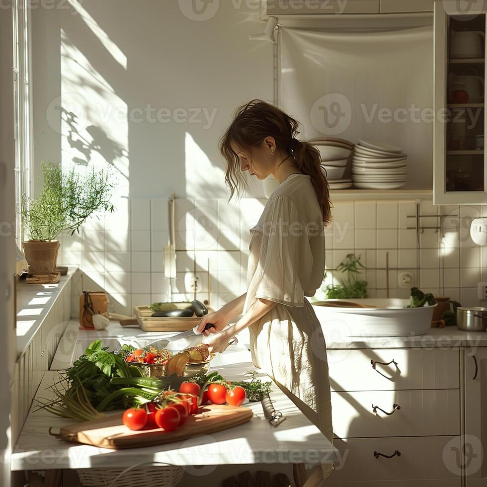 A woman in casual linen outfit standing cooking with vegetables and tomatoes on the table photo