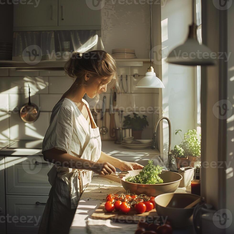 A woman in casual linen outfit standing cooking with vegetables and tomatoes on the table photo