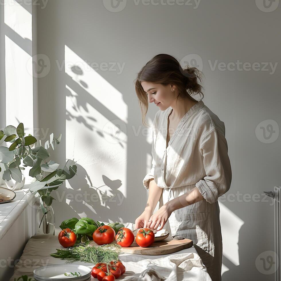 A woman in casual linen outfit standing cooking with vegetables and tomatoes on the table photo