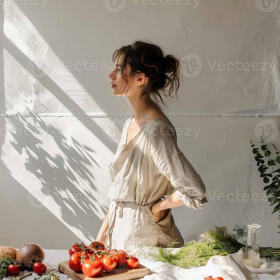 A woman in casual linen outfit standing cooking with vegetables and tomatoes on the table photo
