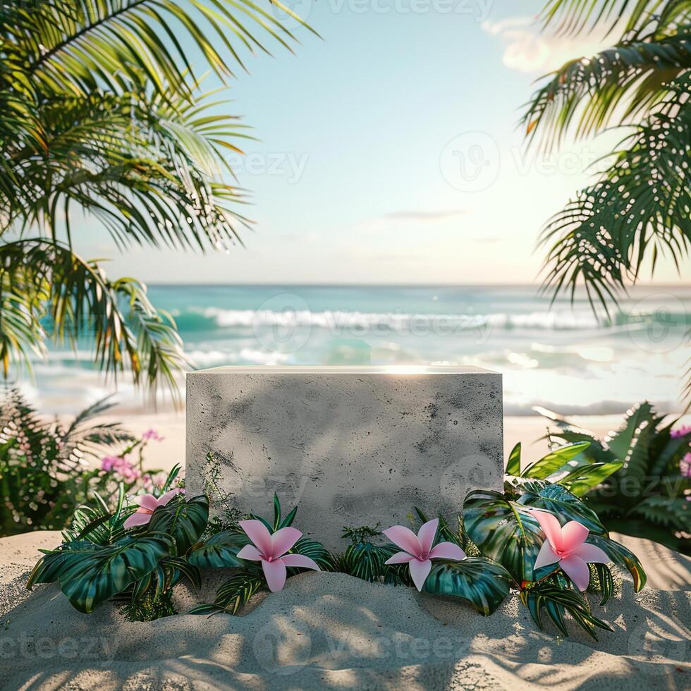 A round podium on the beach, surrounded by sand and sea in light beige tones photo