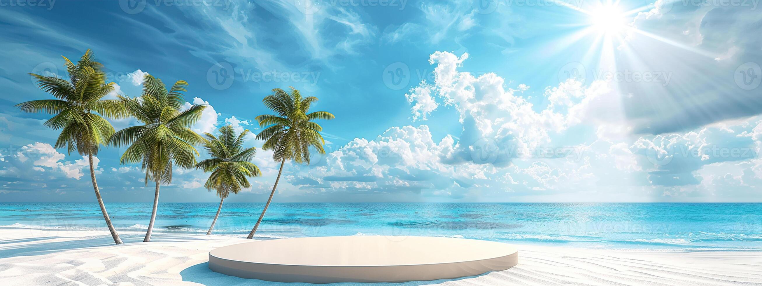 A round podium on the beach, surrounded by sand and sea in light beige tones photo