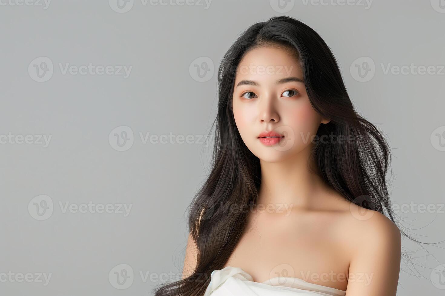 A beautiful young Asian woman with long hair and a white strapless dress is isolated against a plain background photo
