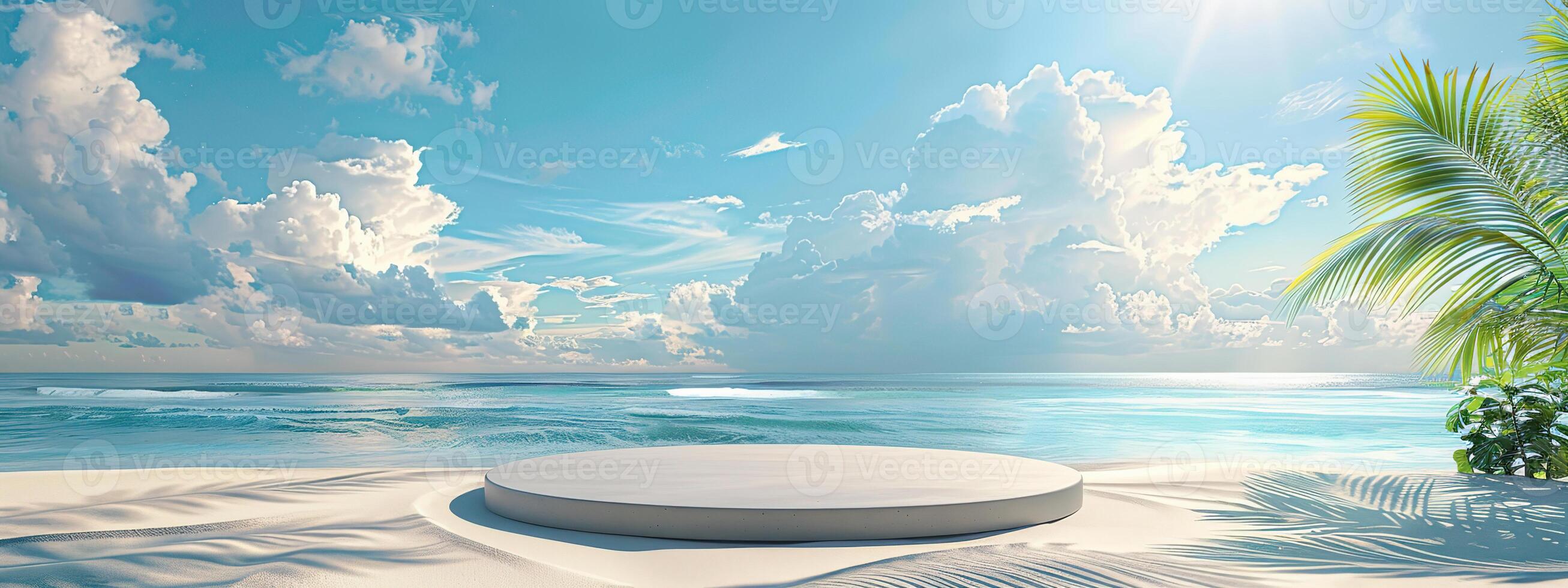 A round podium on the beach, surrounded by sand and sea in light beige tones photo