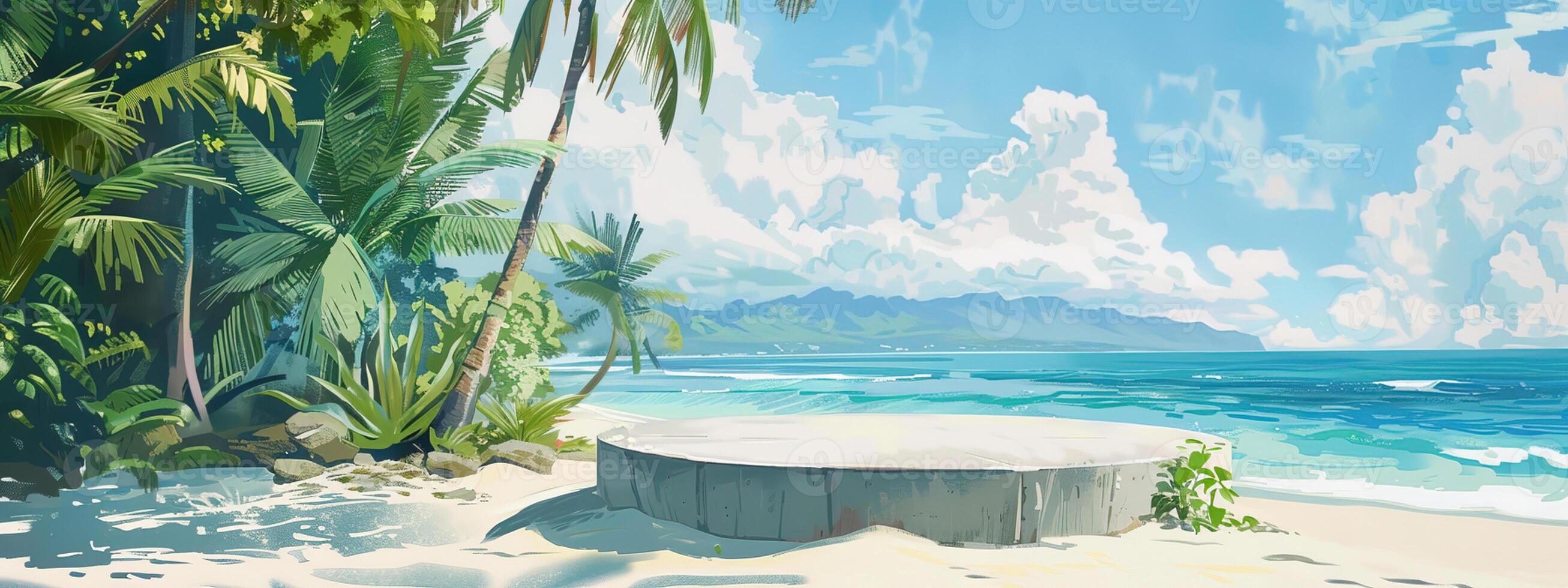 A round podium on the beach, surrounded by sand and sea in light beige tones photo