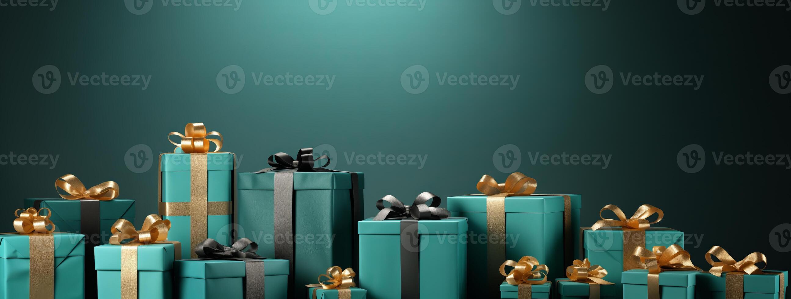 Christmas background with decorations and gifts. Green boxes with presents. New Year Greeting card, banner, flyer, poster with copy space. photo