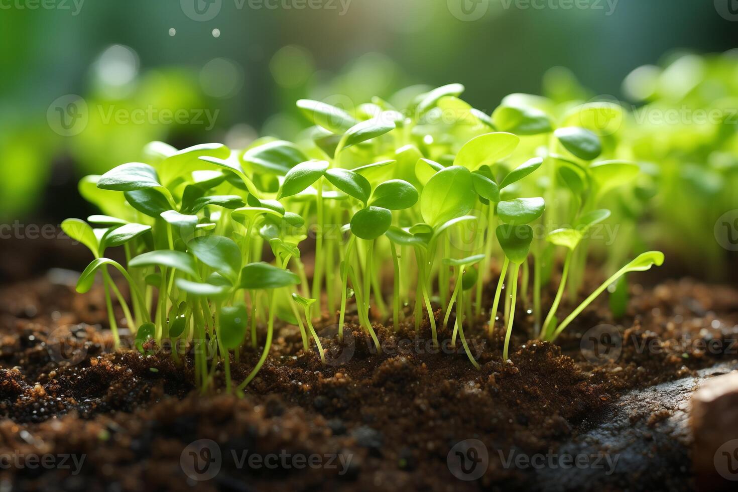 Numerous small green seedlings thrive in a greenhouse setting, absorbing sunlight and growing healthily, embodying new beginnings. photo
