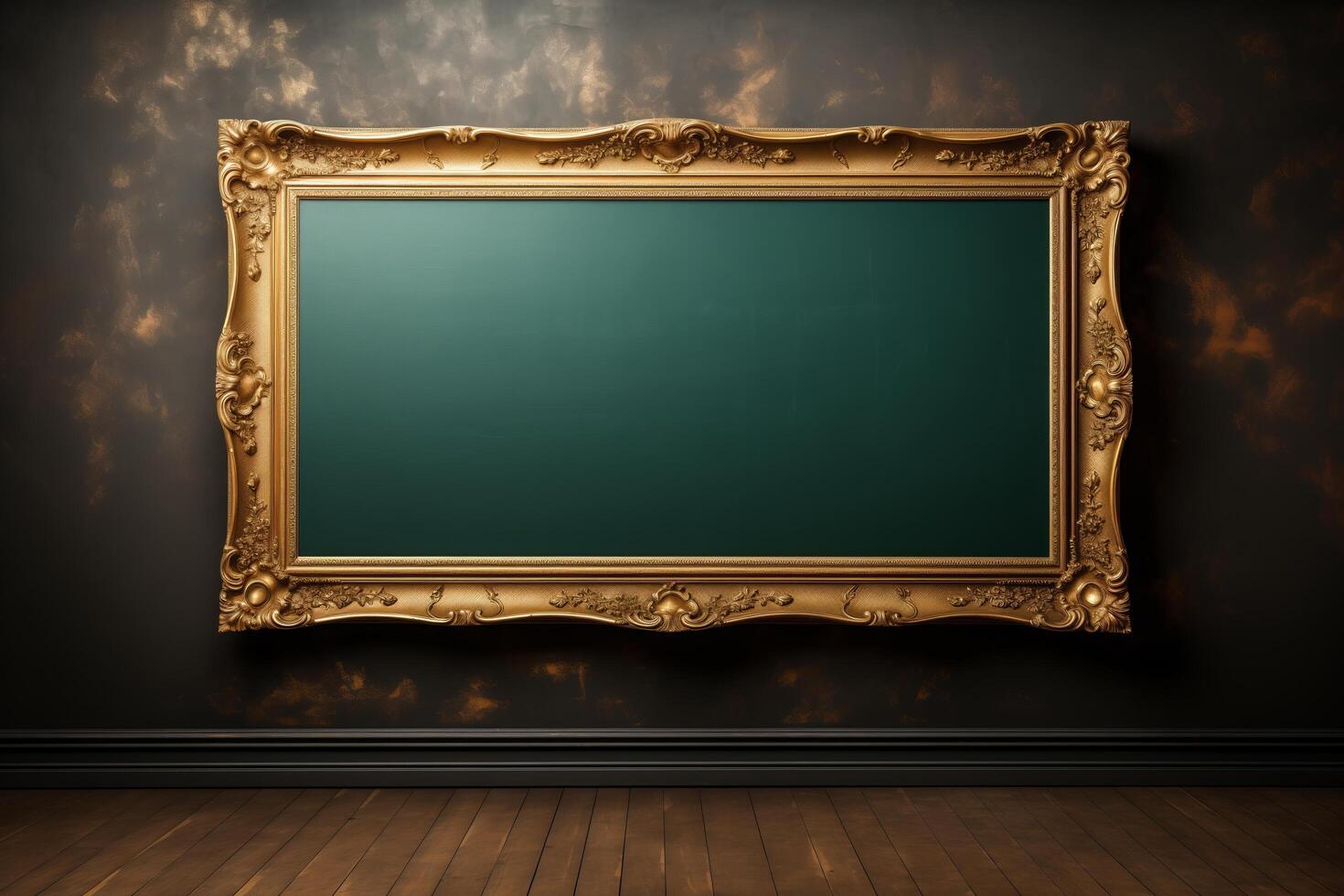 An unoccupied gold frame hangs on a dark wall, contrasting against the dimly lit room. photo