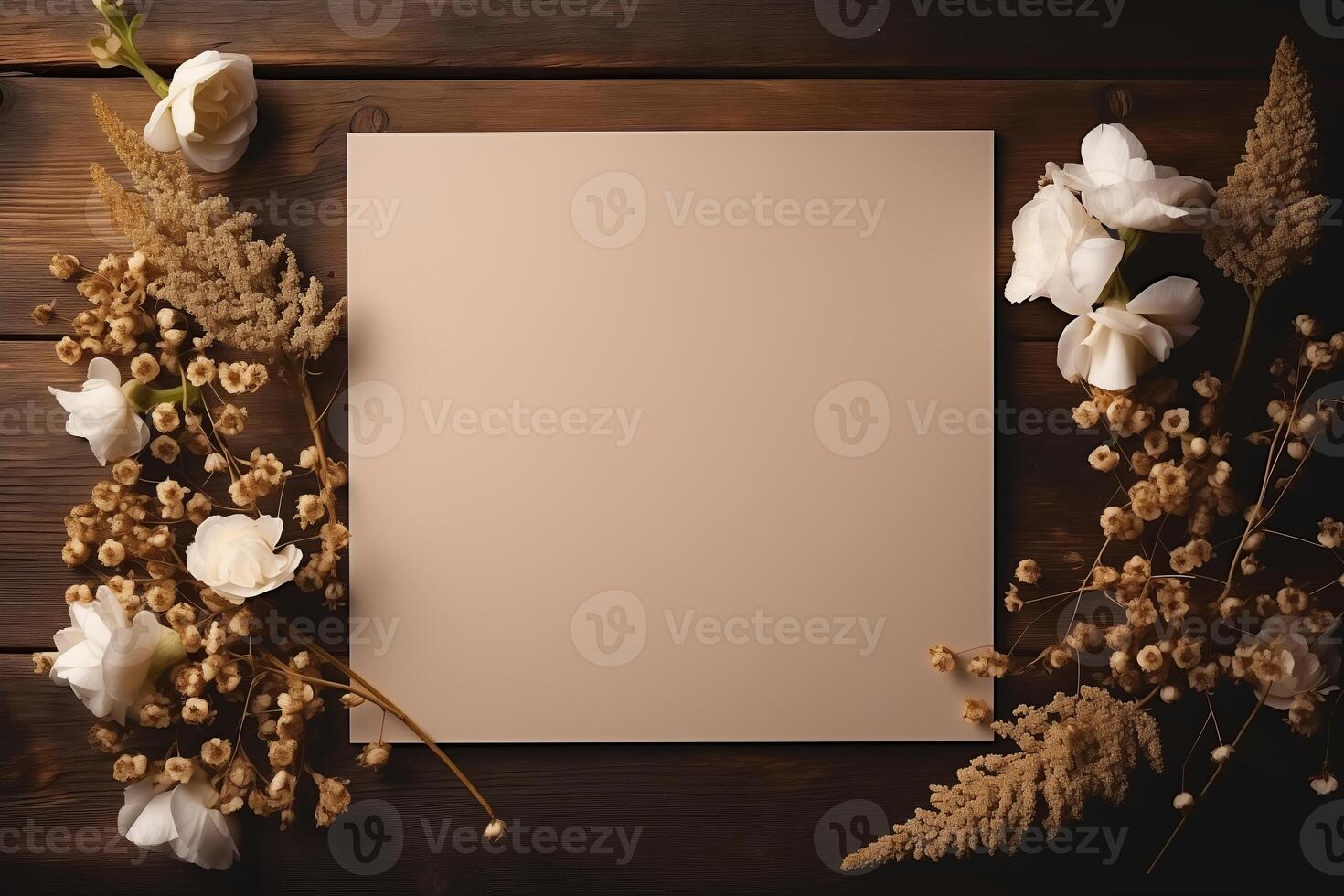 A blank paper sitting on a table with colorful flowers arranged around it. photo