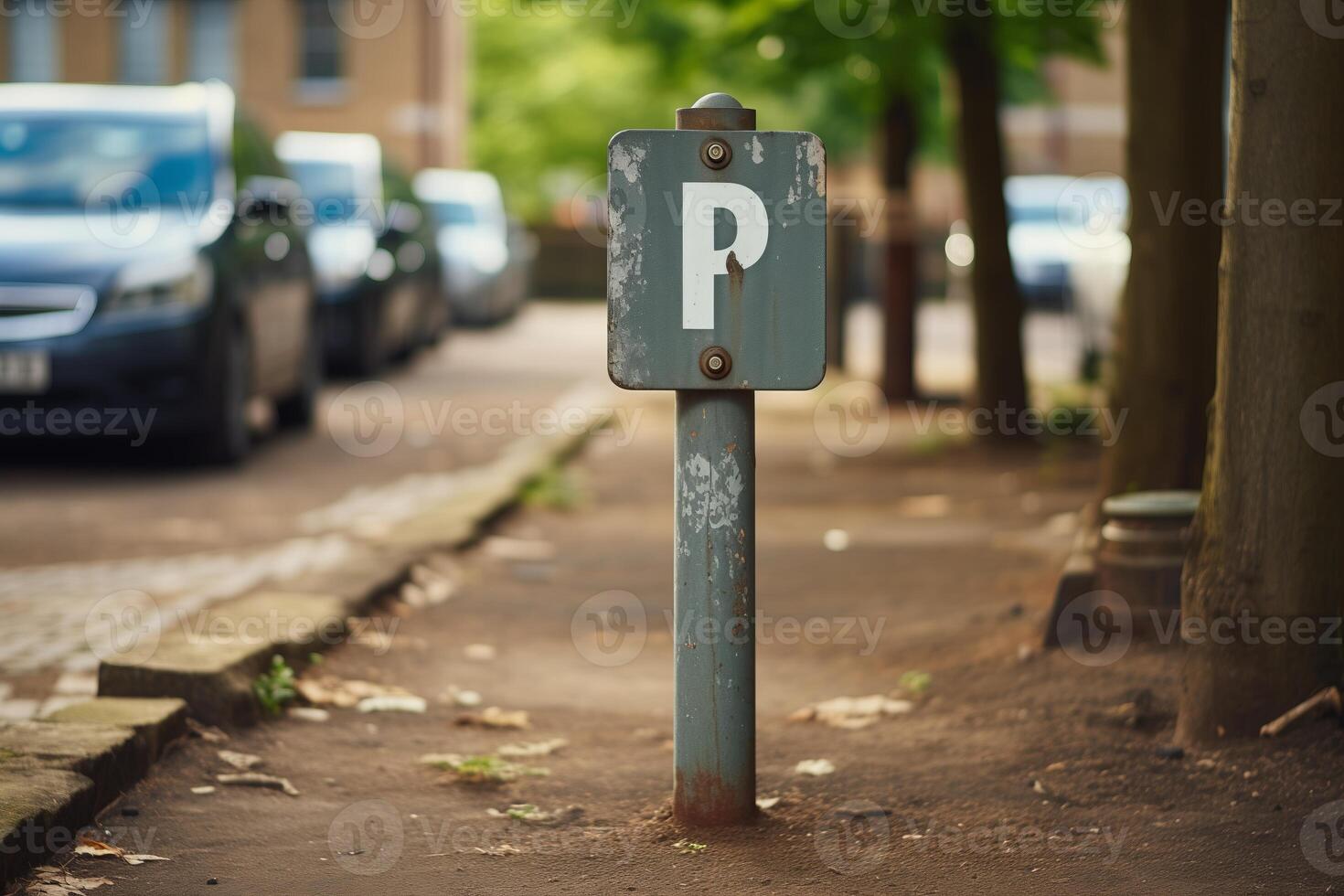 A parking sign stands in front of a row of parked cars in a lot. The vehicles are neatly aligned next to each other in an organized manner. photo