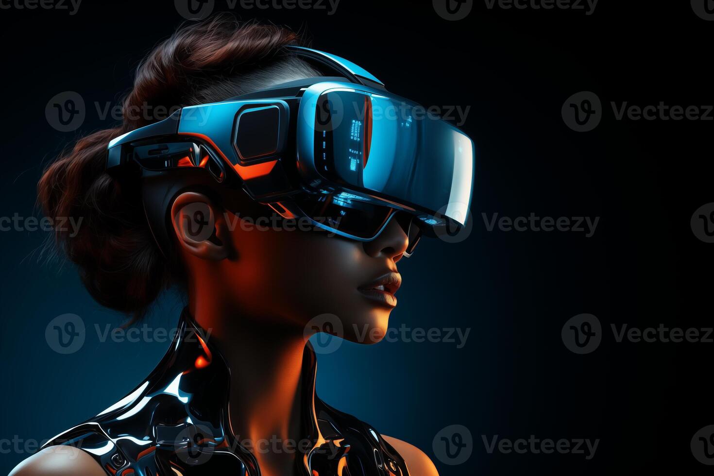 A woman immersed in virtual reality and augmented technology, wearing a headset and interacting with the digital world. photo